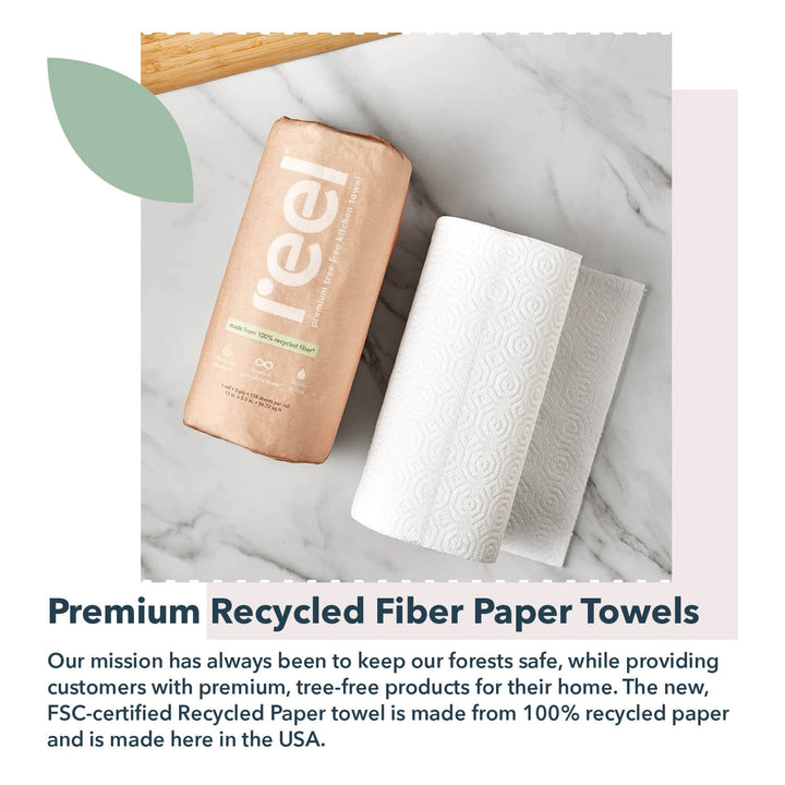 Reel Premium Recycled Paper Towels- 12 Rolls, 2-Ply Made From Tree-Free, 100% Recycled Paper - Eco-Friendly, Hypoallergenic and Zero Plastic Packaging