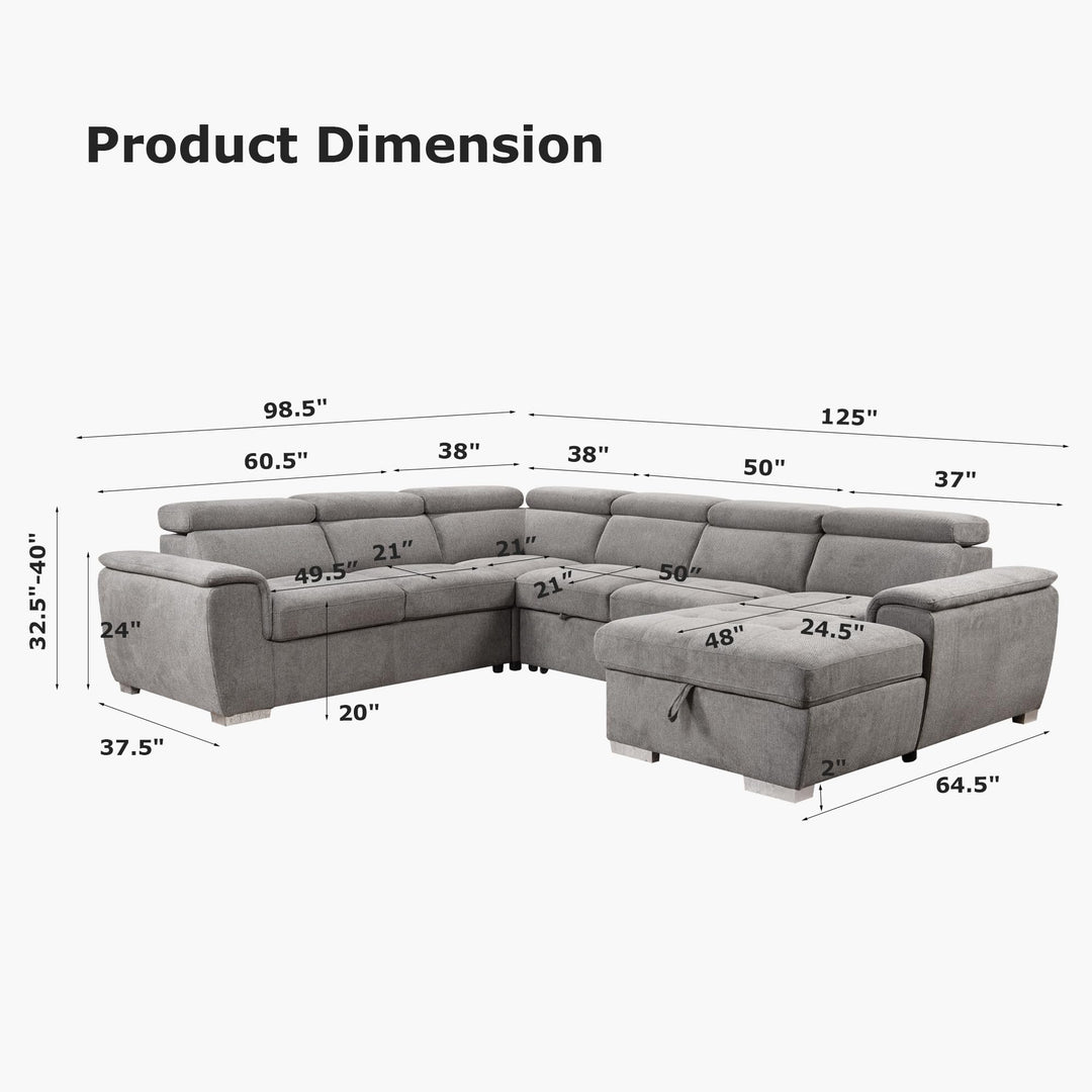 ChicFurnit Sofa Bed,U Shaped Sectional Sofa with Adjustable Headrest with 5 Angles,125'' Multi-Functional Couch Bed with Comfortable Waist Pillow & Additional Arm Cushions for Living Room,Light Gray 