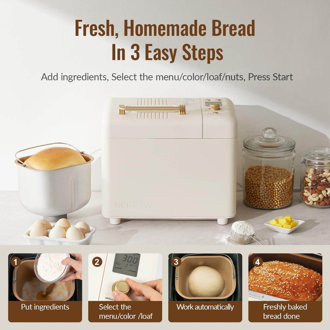 Neretva Bread Machine with step-by-step guide for easy homemade bread making in three simple steps.