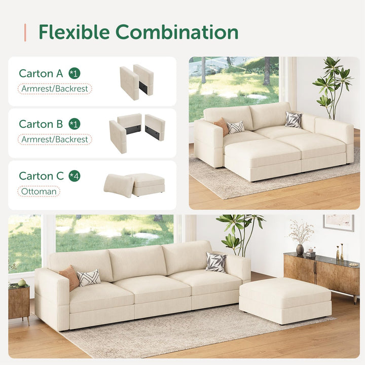 HONBAY Modular Sectional Couch with Storage Corduroy Sectional Sofa with Chaise L Shaped Sectional Couches for Living Room,Beige 