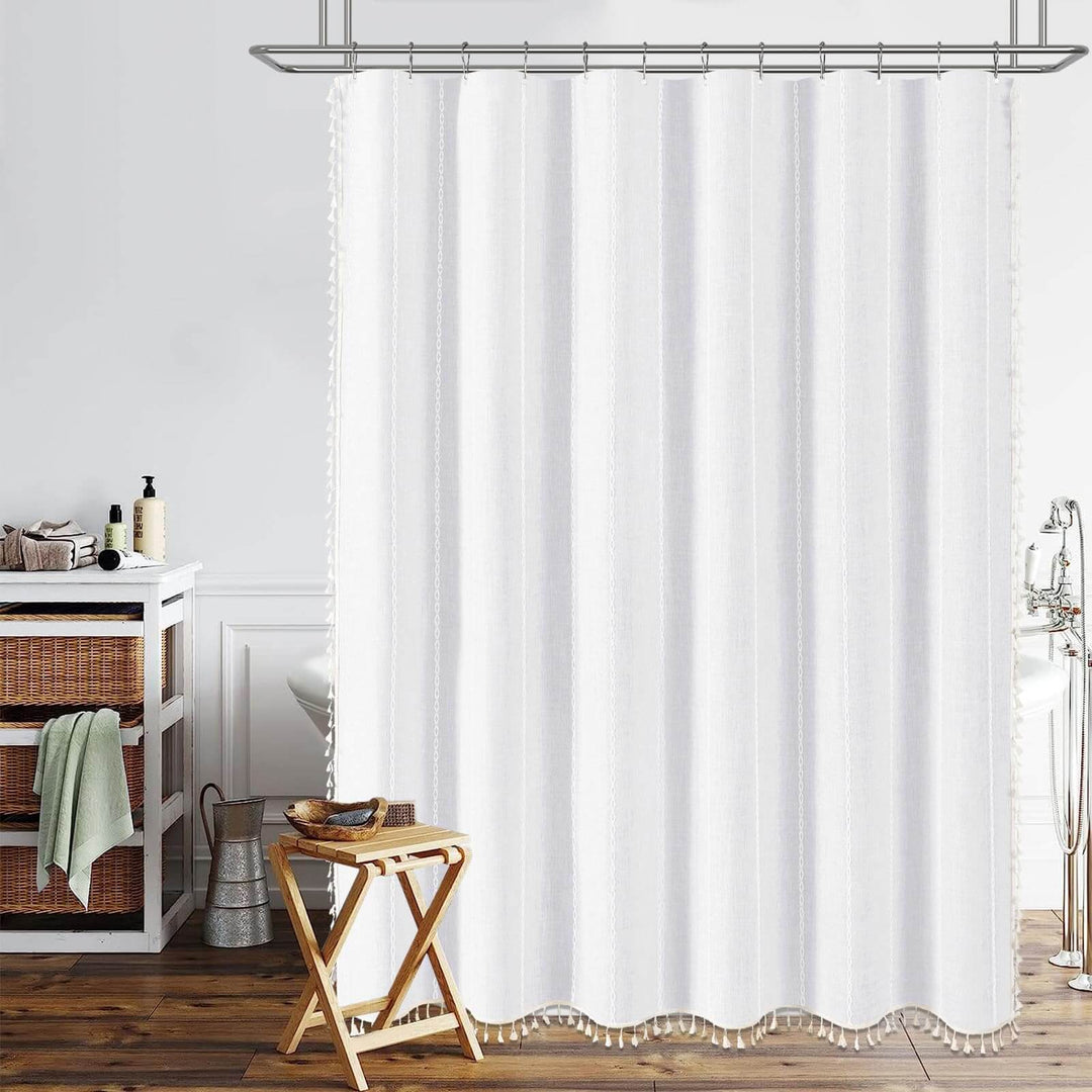 BTTN White Farmhouse Shower Curtain, Boho Linen Striped Heavy Duty Fabric Shower Curtain Set with Tassel, Bohemian Country Ultra Thick Shower Curtain for Bathroom, Wrinkle Free, Water Repellent, 72x72 