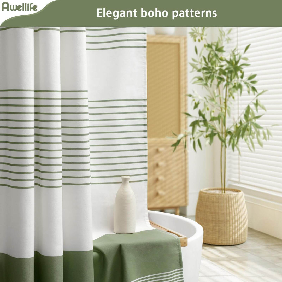 Awellife Boho Sage Green Shower Curtain for Bathroom Stripe Tassel Shower Curtain 72 X 72 Inches Farmhouse Linen 