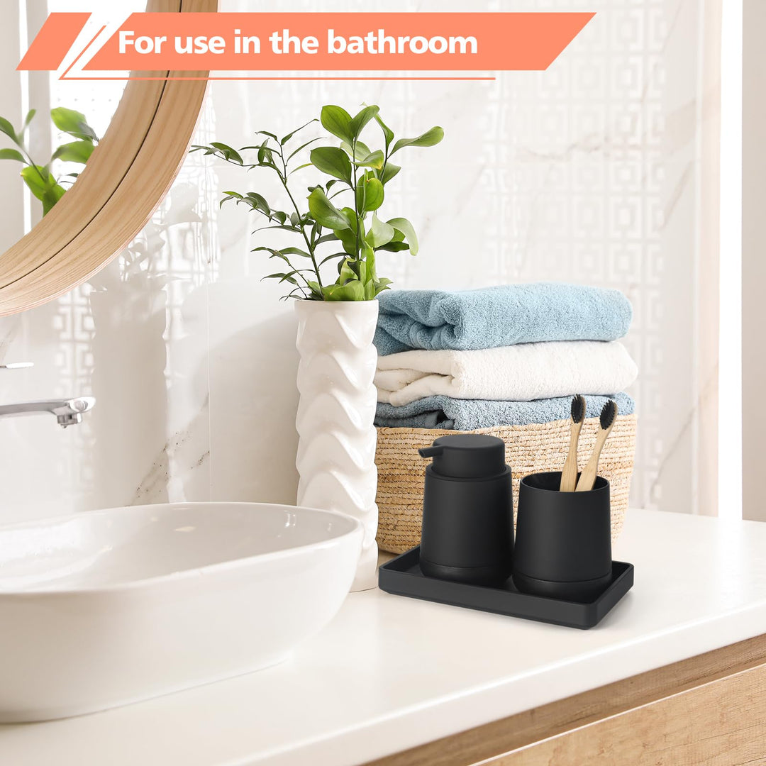 GAHEFY Black Bathroom Countertop Accessories Set - Foaming Soap Dispenser and Toothbrush Holder with Silicone Boot,Vanity Tray (Black Foam) GAHEFY