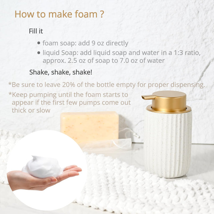Ceramic foam dispenser on a woven towel with foam in a palm and instructions for filling it with foam or liquid soap