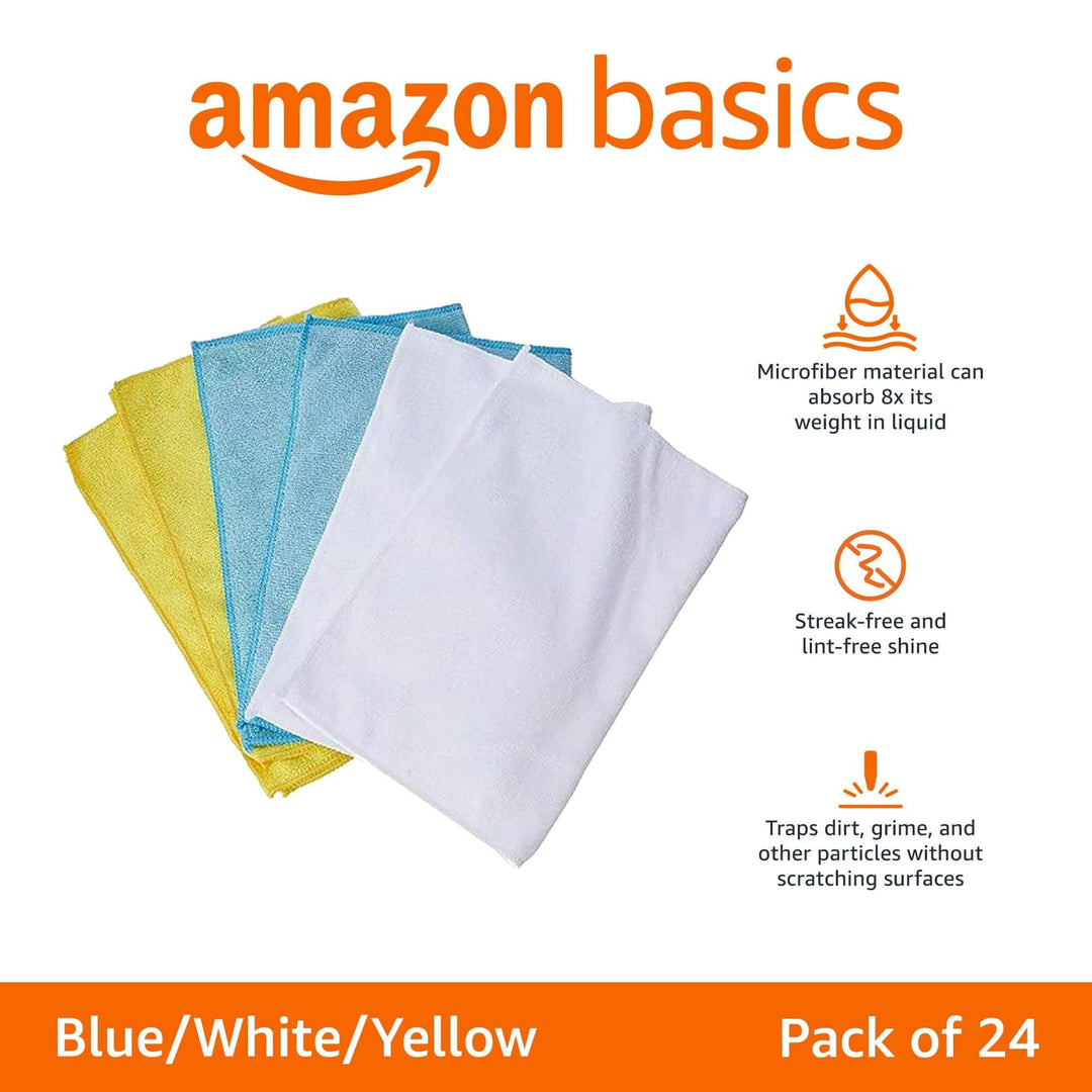 Amazon Basics Microfiber Cleaning Cloths, Pack of 24, Blue/White/Yellow, 16" x 12"