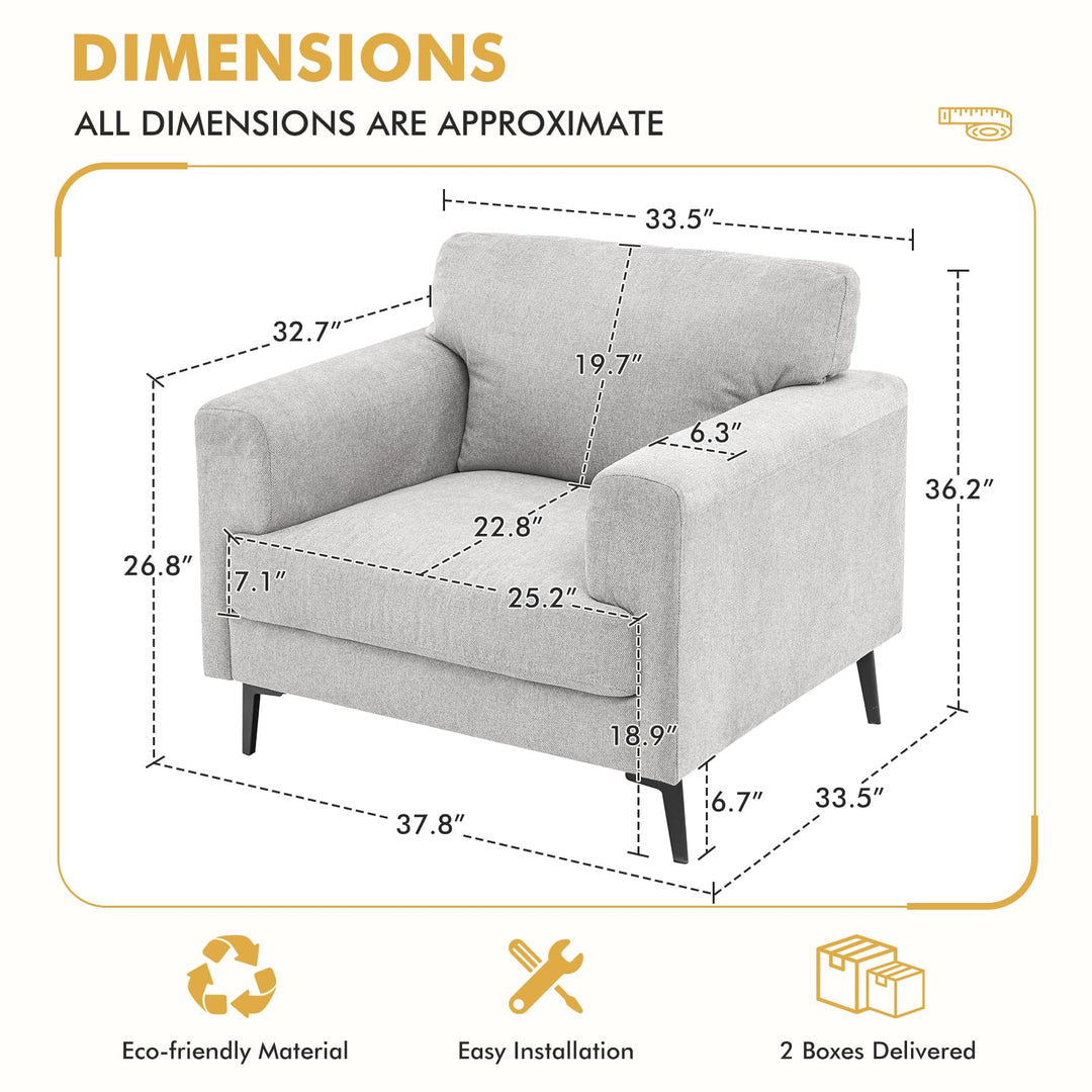 CDCASA Accent Chair, Linen Fabric Oversized Mid Century Modern Chair Set of 1, Comfy Upholstered Armchair Reading Accent Chairs Sofa Chairs for Bedroom Living Room, Light Gray 