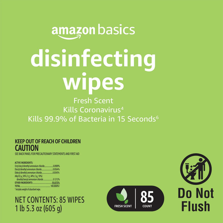 Amazon Basics Disinfecting Wipes, Lemon & Fresh Scent, 255 Count (3 Packs of 85)