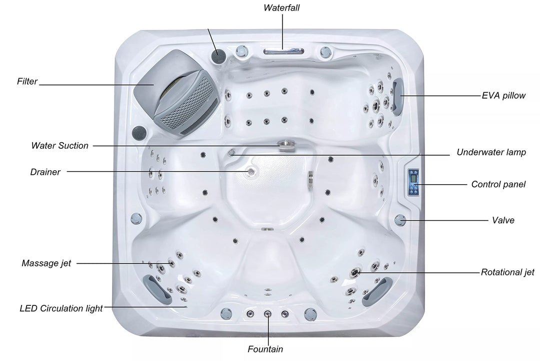 Comfort Hot Tubs - Hot Tub Spa - Seats 5-6 People - 51 Jets – Roll Cover, Water Fountains, Ozonator, LED Lights, Headrests, and More Comfort Hot Tubs