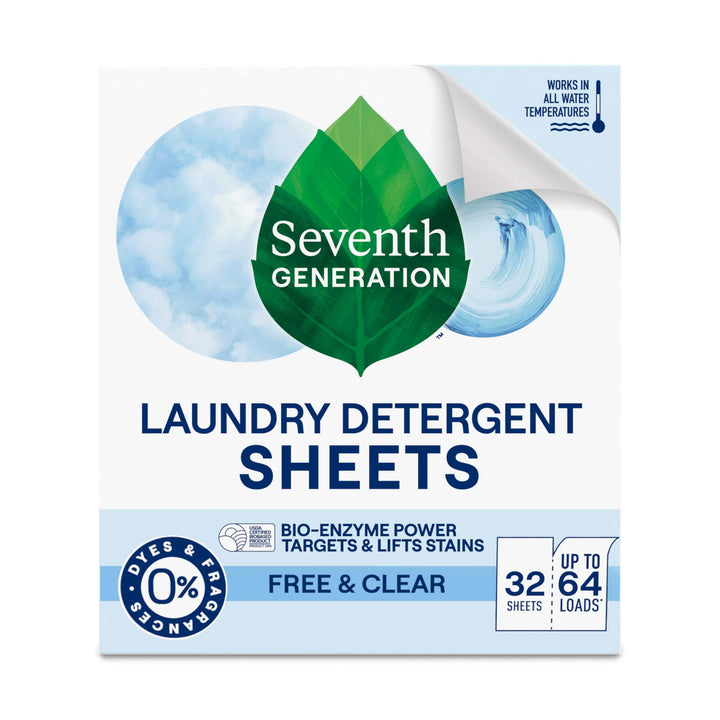 Seventh Generation Laundry Detergent Sheets, Up to 64 Loads, Free & Clear, Made for Sensitive Skin, Safer for your Family