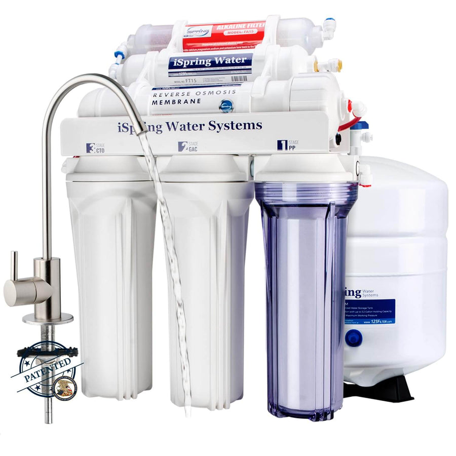 iSpring RCC7AK 6-stage reverse osmosis system with top-mounted faucet, NSF certified for clean alkaline drinking water.