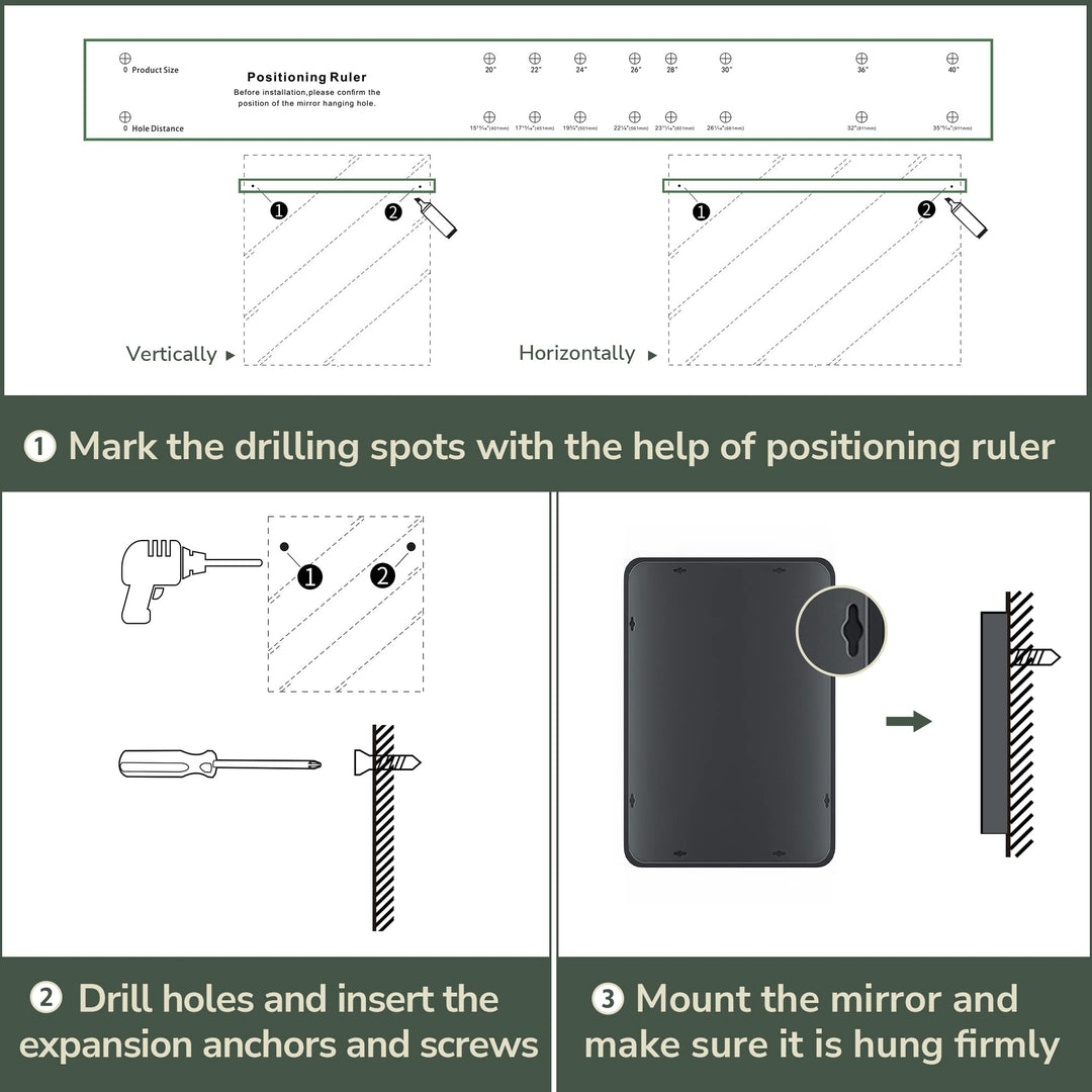 Three-step installation diagram: mark drilling spots with the ruler, insert anchors and screws, then hang the mirror