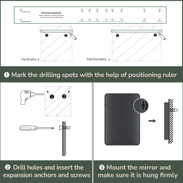 Three-step installation diagram: mark drilling spots with the ruler, insert anchors and screws, then hang the mirror