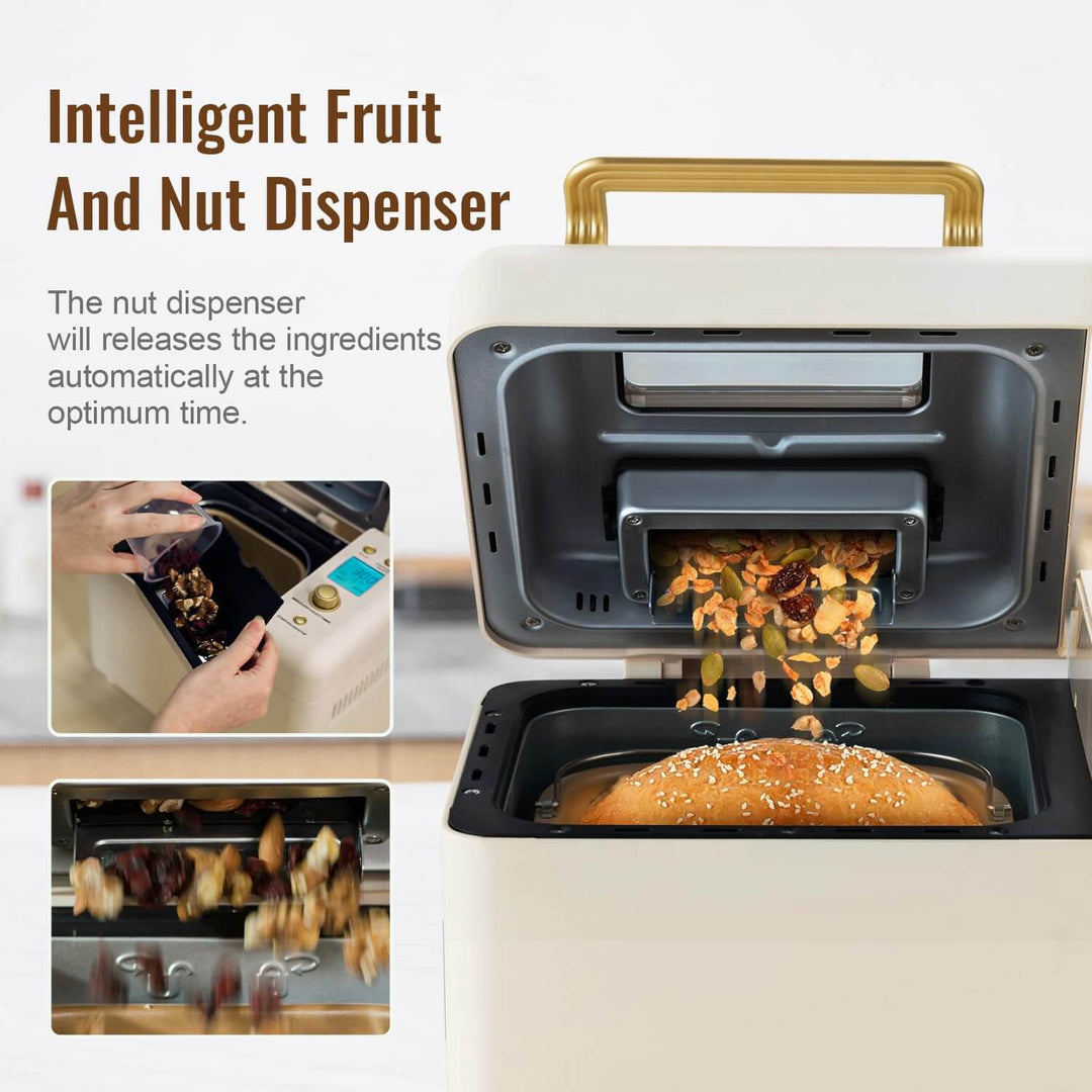 Neretva Bread Machine featuring intelligent fruit and nut dispenser releasing ingredients for optimal bread making.