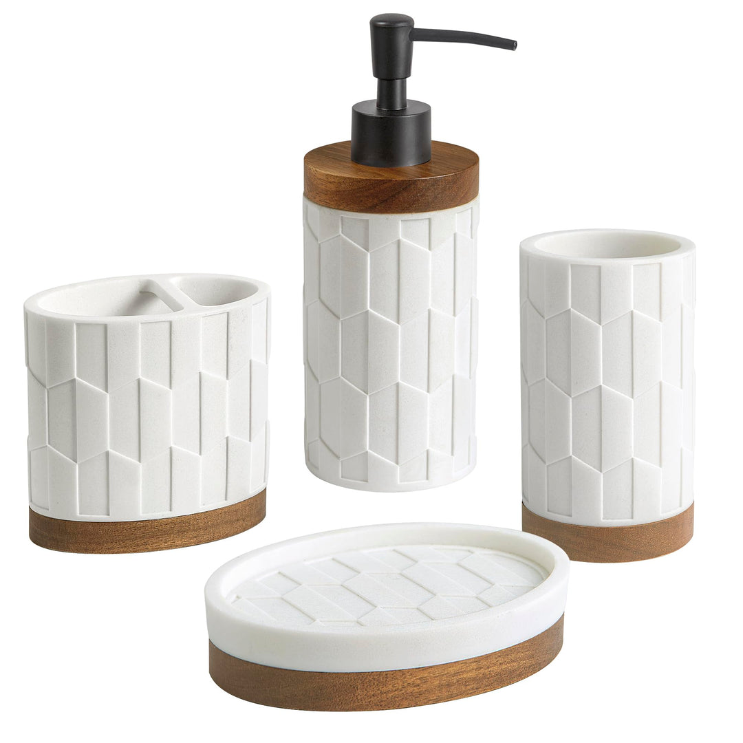 Sarasota Resin with Wood Accents 4-Piece Bathroom Accessory Set-Soap/Lotion Dispenser, Soap Dish, Toothbrush Holder, Tumbler Cup by Allure Home Creation, White Allure Home Creation