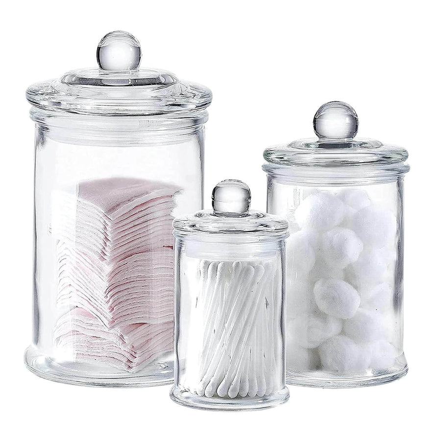 Whole Housewares | Set of 3 Bathroom Canisters - Storage Container Jars - Premium Glass Apothecary Jars with Lids - Small Glass Jars for Kitchen or Bathroom Storage - Decorative Crystal Containers WHOLE HOUSEWARES