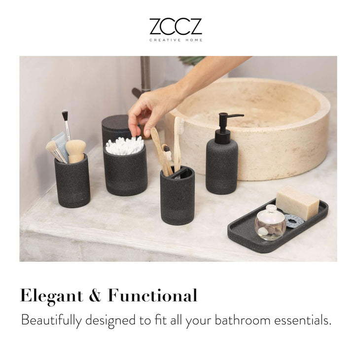 ZCCZ - Black Bathroom Accessories Set 6 Pcs - Toothbrush Holder, Lotion Soap Dispensers, 2 Qtip Holder Dispenser, Vanity Tray, Bathroom Tumbler - Countertop Vanity Organizer - Bathroom Accessory Set zccz