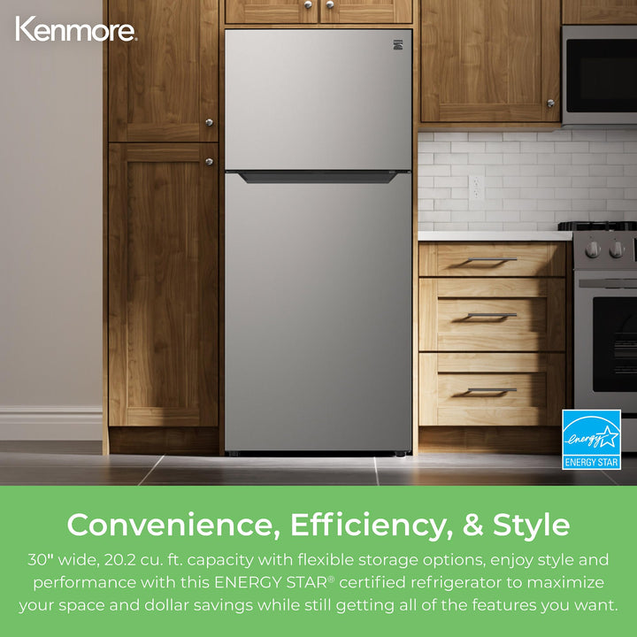 Kenmore 4661355 30" W Top Freezer Refrigerator with Adjustable Glass Shelving, Humidity Control Crispers, Quiet and Energy Efficient Inverter Compressor, Fingerprint Resistant Metallic Steel 