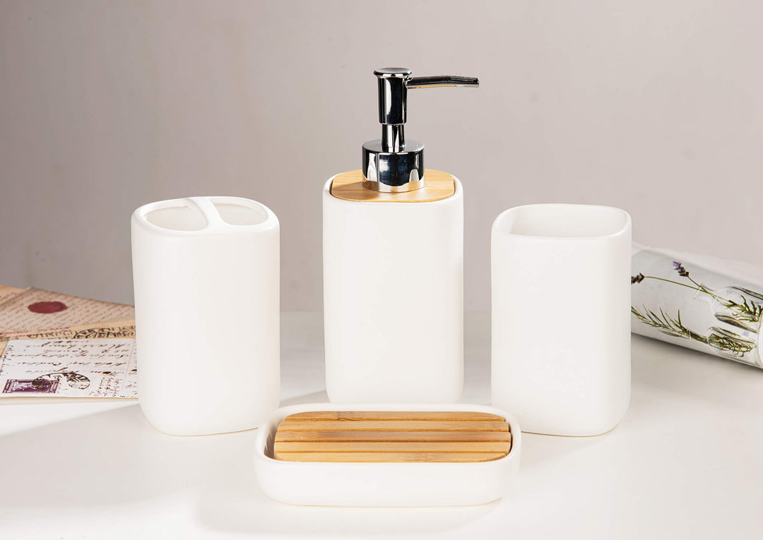 Wodlo - 4-Piece Ceramic with Bamboo Bathroom Accessories Set - Complete Bath Accessory Sets Includes Soap Dispenser, Toothbrush Holder, Tumbler, Soap Dish, (White) Wodlo