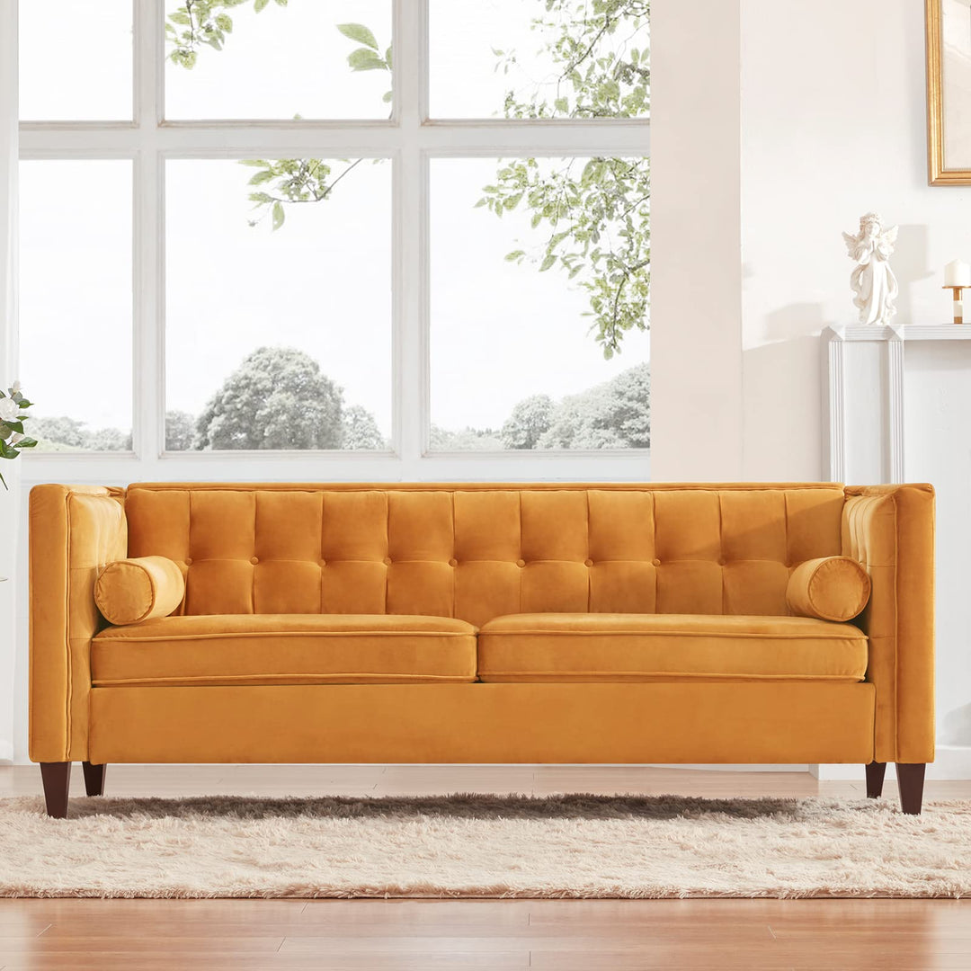 Dreamsir 78'' W Velvet Sofa, Mid-Century Love Seats Sofa Furniture with Bolster Pillows, Button Tufted Couch for Living Room, Tool-Free Assembly (Sofa, Ginger) 