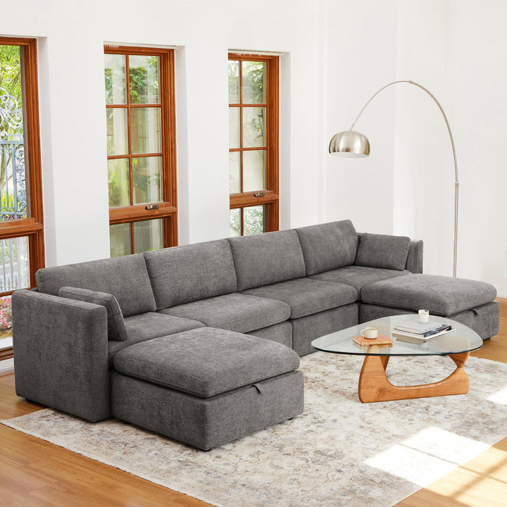 CHITA Oversized Modular Sectional Fabric Sofa Set, Extra Large U Shaped Couch with Reversible Chaise, 146 inch Width, 6 Seat Modular Sofa with Storage Ottamans, Grey 