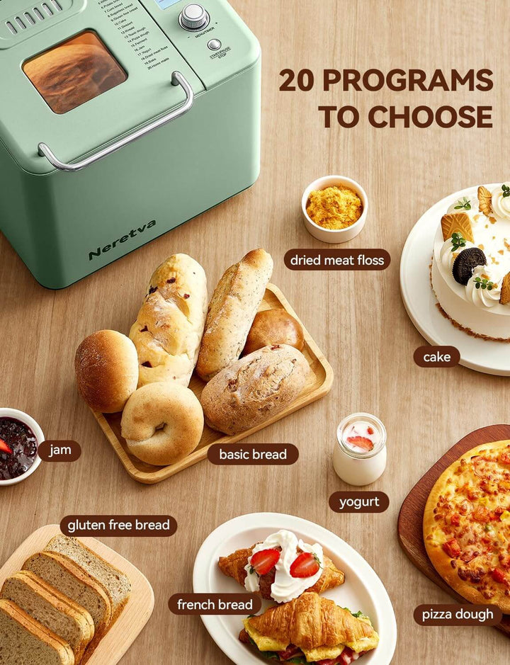 Neretva 20-IN-1 Bread Maker, showcasing 20 programs including bread, jam, yogurt, and dried meat floss, in light green.