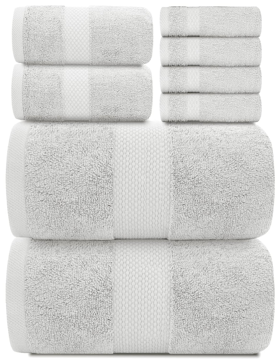 White Classic Luxury Silver Bath Towel Set - Combed Cotton Hotel Quality Absorbent 8 Piece Towels | 2 Bath Towels | 2 Hand Towels | 4 Washcloths [Worth $72.95] 8 Pack | Silver White Classic