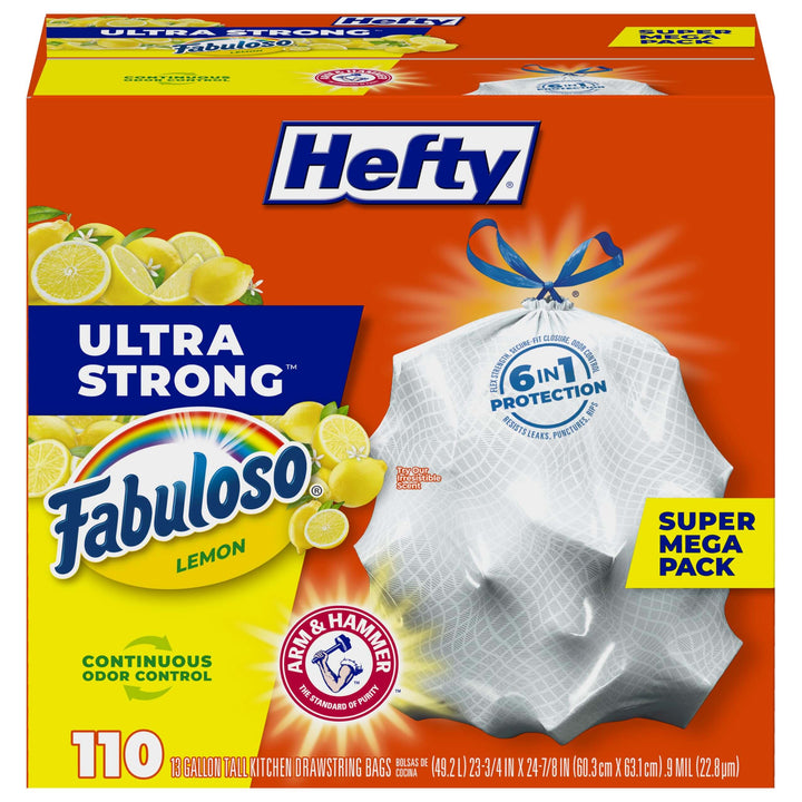 Hefty Ultra Strong Tall Kitchen Trash Bags, Fabuloso Lemon Scent, 13 Gallon, 110 Count