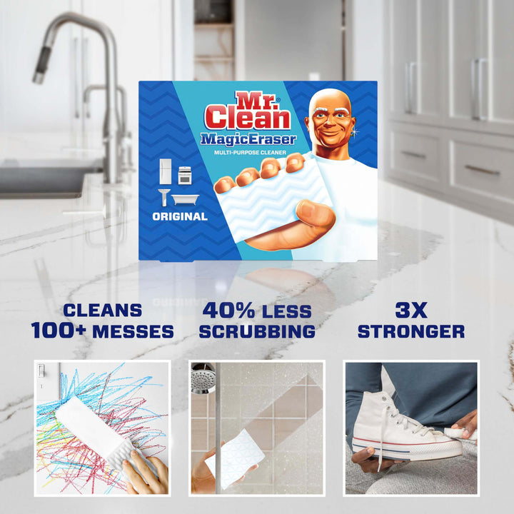 Mr. Clean Magic Eraser Original Cleaning Pads, Multi Purpose Cleaner, Bathroom Cleaning Supplies, All Purpose Cleaner, White, 6 Count