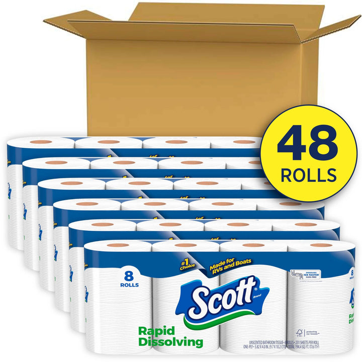 Scott Rapid-Dissolving Toilet Paper, 48 Double Rolls (6 Packs of 8), Sustainable, Septic-Safe, Toilet Paper