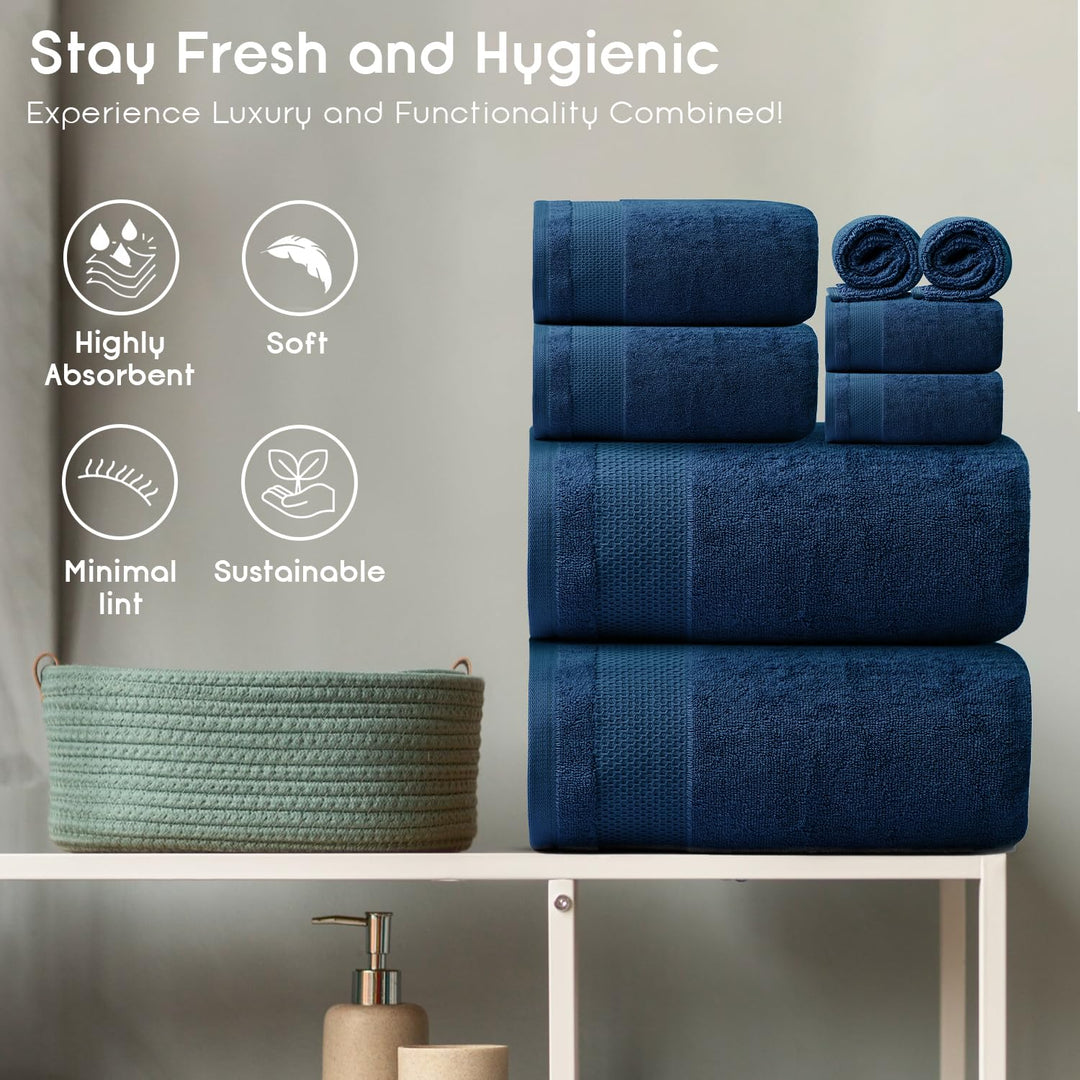 Ariv - 2 Ply Ultra Luxury 8-Piece Towel Set - 100% Combed Cotton Large Towels for Extra Softness, Absorbency & Quick Drying - Perfect for Home, Hotel, Gym and Spa - Denim Ariv