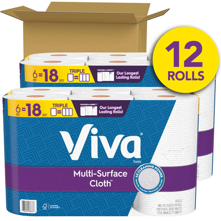 Viva Multi-Surface Cloth Paper Towels, 12 Triple Rolls, 165 Sheets Per Roll (2 Packs of 6)