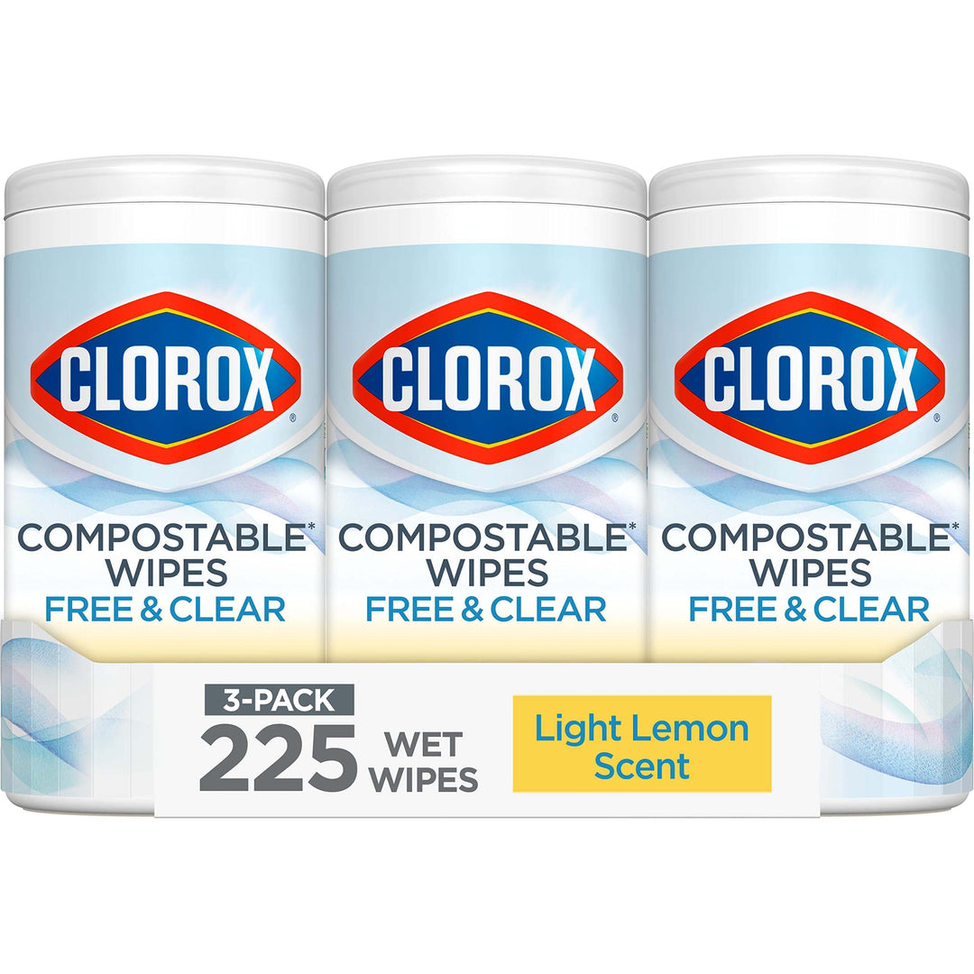 Clorox Free & Clear Compostable Cleaning Wipes, Light Lemon Scent, 75 Count, Pack of 3 (Pack May Vary)