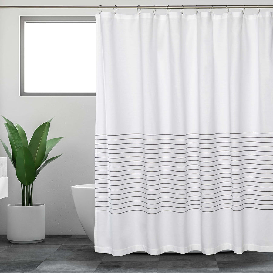 White Shower Curtain for Bathroom, Fabric Shower Curtains, 72x72 in, Farmhouse, Boho, White and Gray Striped Woven 