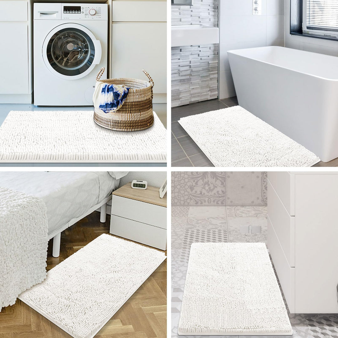 Smiry Luxury Chenille Bath Rug 24''x16'', Extra Soft and Absorbent Shaggy Bathroom Mat Rugs, Machine Washable, Non-Slip Plush Carpet Runner for Tub, Shower, and Bath Room, Ivory Smiry