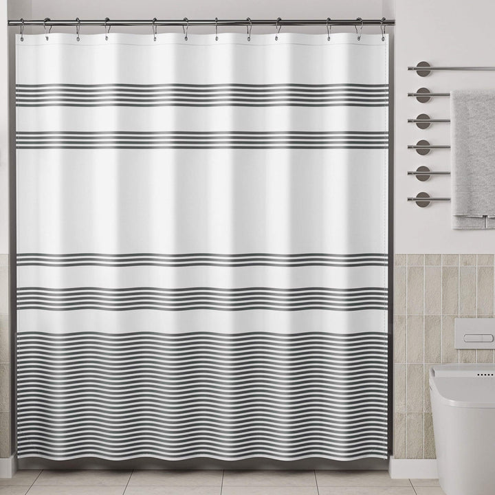 AmazerBath Shower Curtain, Washable Cloth Black Shower Curtain Sets with 12 Shower Curtain Hooks, Fabric Rustic Black and White Striped Shower Curtain, Farmhouse Bathroom Shower Curtain, 72x72 Inches 