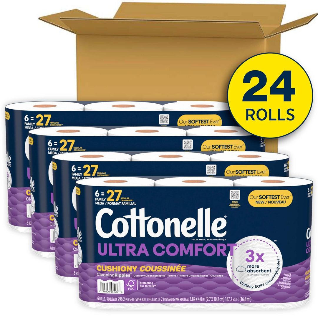 Cottonelle Ultra Comfort Toilet Paper with Cushiony CleaningRipples Texture, Strong Bath Tissue, 24 Family Mega Rolls (24 Family Mega Rolls = 108 Regular Rolls) (4 Packs of 6), 296 Sheets per Roll