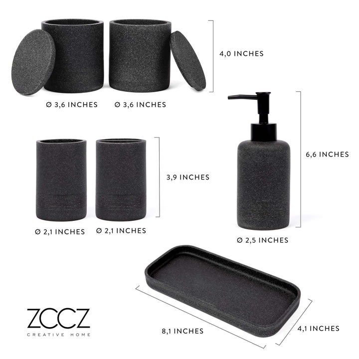 ZCCZ - Black Bathroom Accessories Set 6 Pcs - Toothbrush Holder, Lotion Soap Dispensers, 2 Qtip Holder Dispenser, Vanity Tray, Bathroom Tumbler - Countertop Vanity Organizer - Bathroom Accessory Set zccz