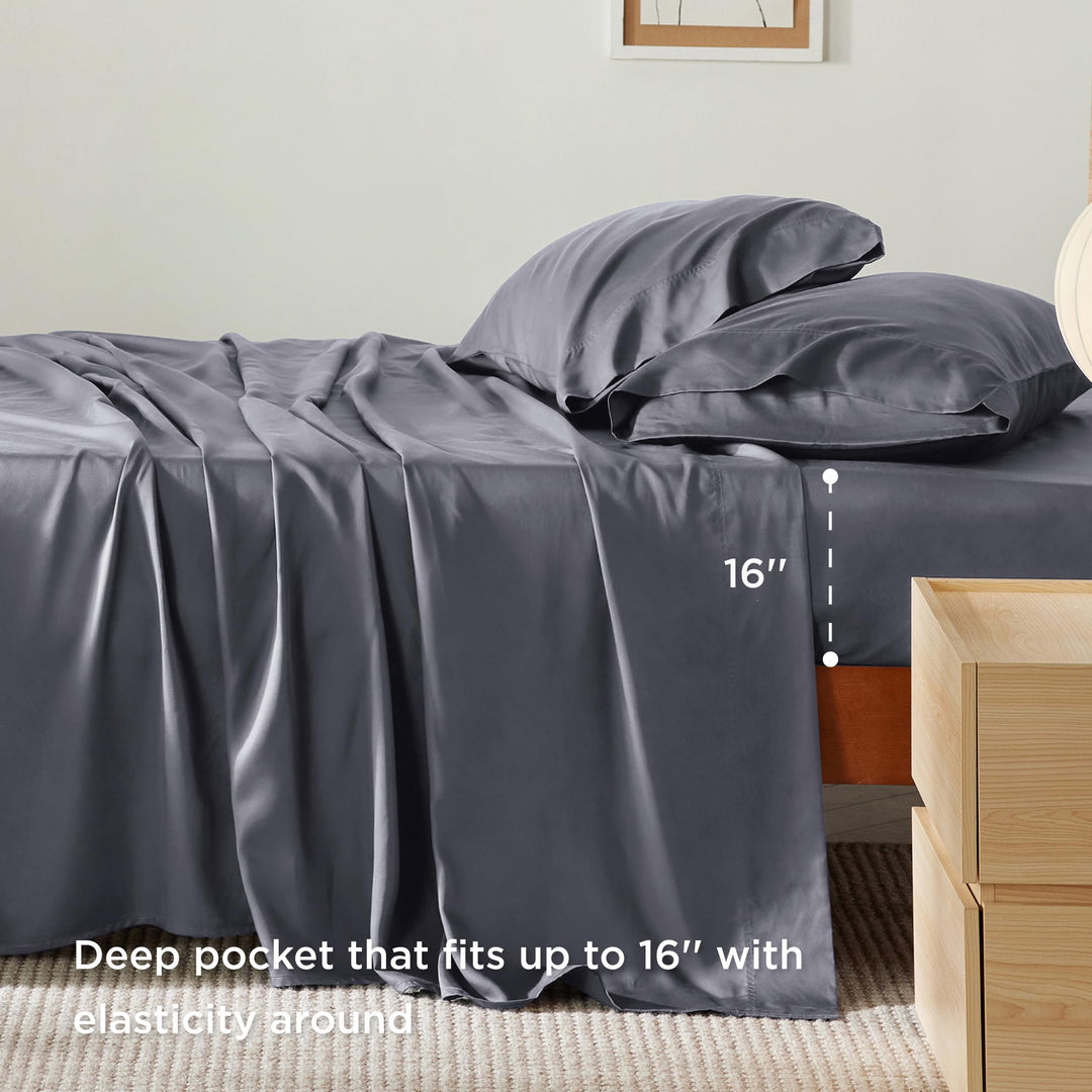 Bedsure Queen Sheet Set, Cooling Sheets for Queen Size Bed Set, Rayon Derived from Bamboo, Breathable & Soft Deep Pocket Up to 16", Hotel Luxury Silky Bedding Sheets & Pillowcases, Dark Grey Bedsure