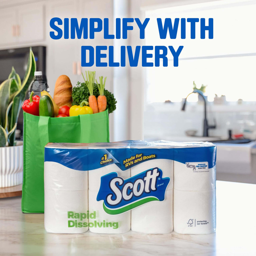 Scott Rapid-Dissolving Toilet Paper, 48 Double Rolls (6 Packs of 8), Sustainable, Septic-Safe, Toilet Paper