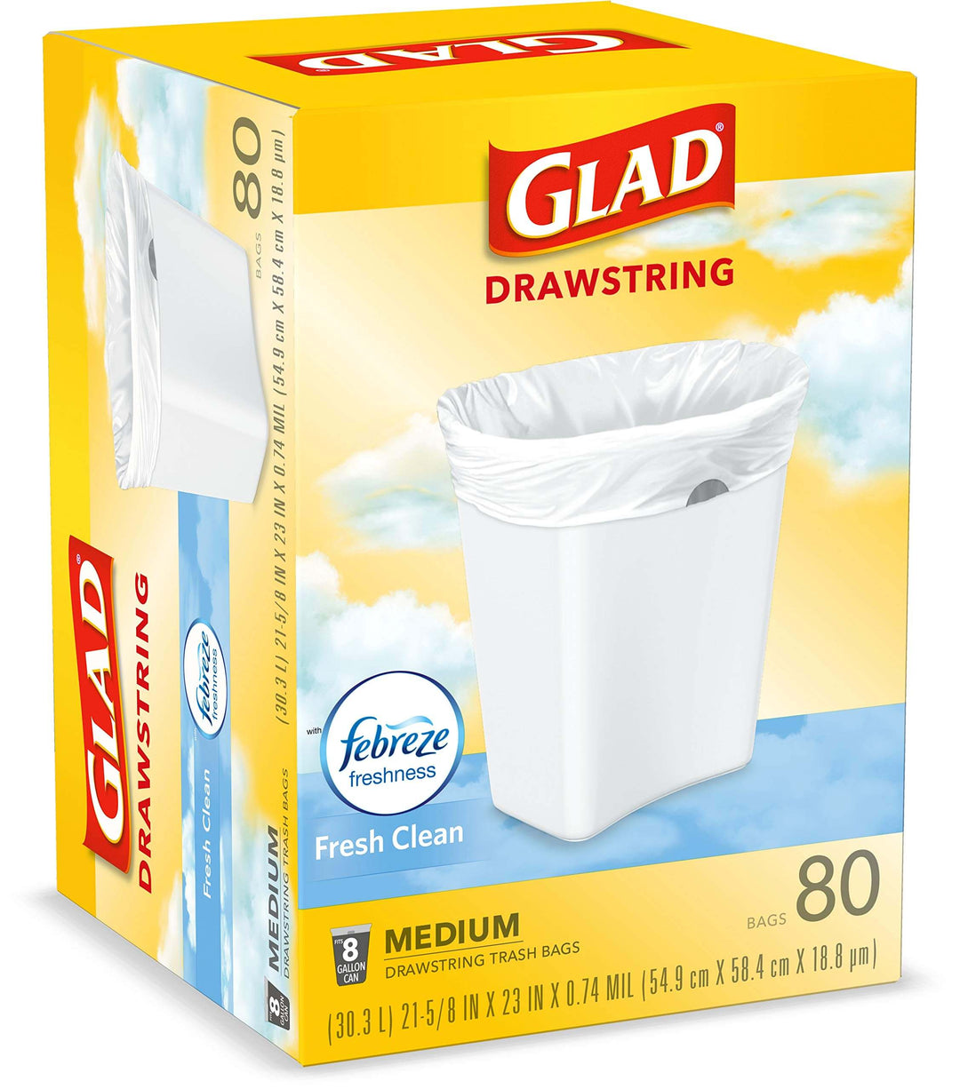 Glad Medium Kitchen Drawstring Trash Bags, 8 Gal, Fresh Clean Scent, 80 Ct (Package May Vary)