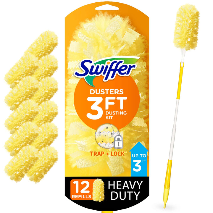 Swiffer Duster Heavy Duty Dusting Kit, Cleaning Supplies, 3 ft Extended Handle, 1 Duster, 12 Refills