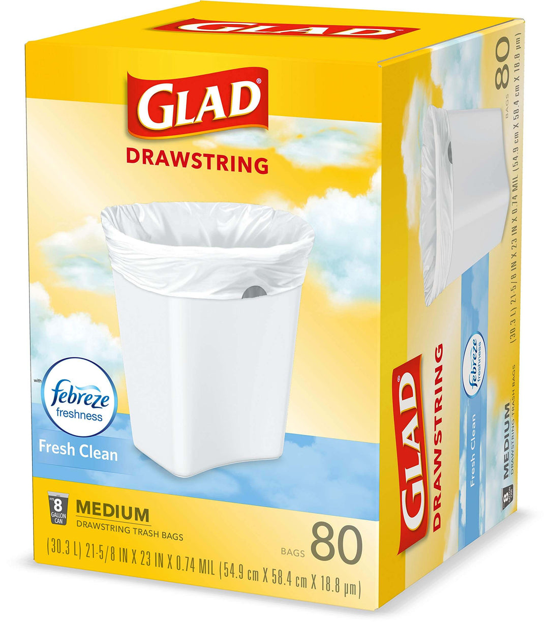 Glad Medium Kitchen Drawstring Trash Bags, 8 Gal, Fresh Clean Scent, 80 Ct (Package May Vary)