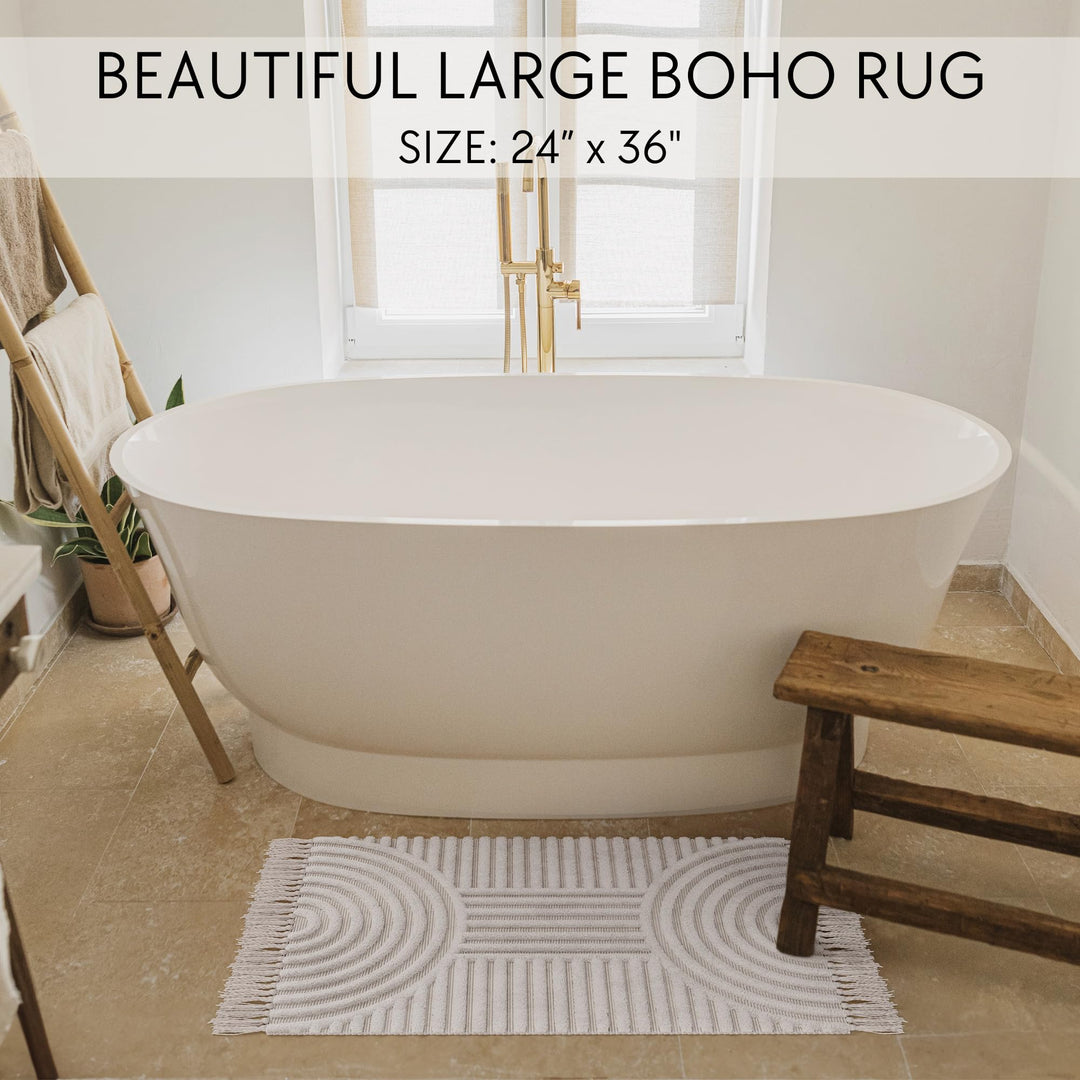 KIBAGA Beautiful Boho Rug with Tassels for Your Bathroom - Soft 2 x 3 ft. Cotton Rug Fits Perfectly Into Your Bath - Washable, Non-Slip Mat Ideal to Enhance Your Modern Home Decor - 24 x 36 inch KIBAGA