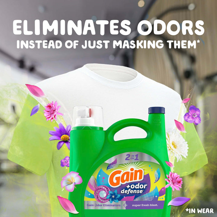 Gain + Odor Defense Liquid Laundry Detergent Super Fresh Blast Scent, HE Compatible, 107 Loads 154 fl oz, Gain Laundry Detergent, Liquid Laundry Detergent