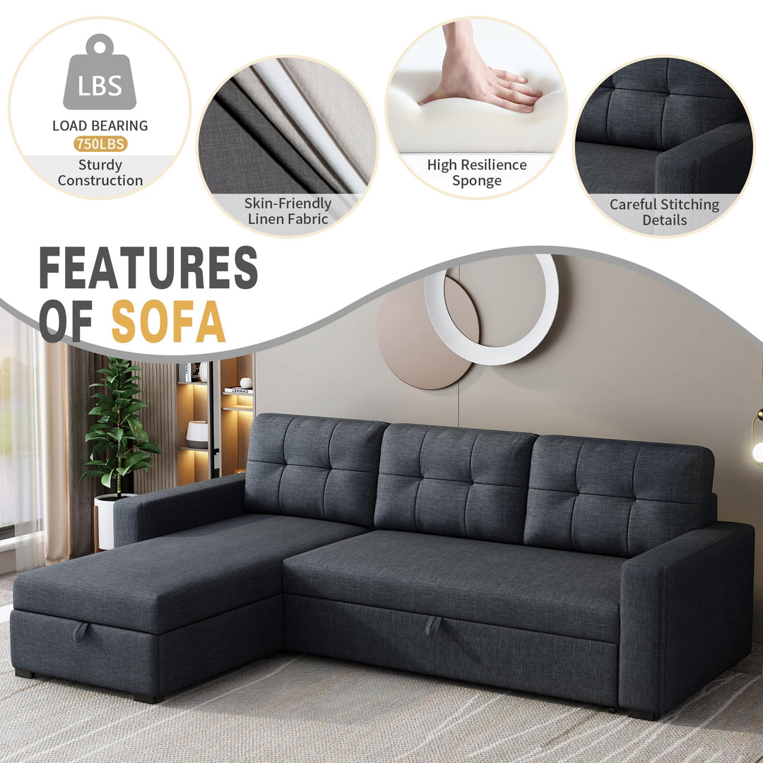 YOPTO Sectional Sleeper Sofa with Storage Chaise,Convertible L Shaped Pull Out Couch Bed with 3 Removable Back Cushion for Living Room, Apartment,Office,Dark Grey,81.5" 