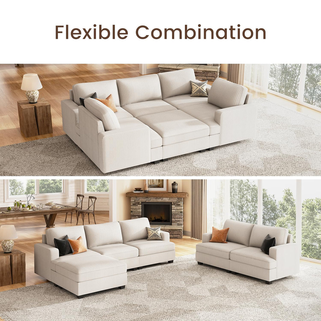 Nolany Modular Sectional Couch with Storage Ottoman, Corduroy Sleeper Sectional Sofa with Chaise, Sectional Couches for Living Room, Beige 