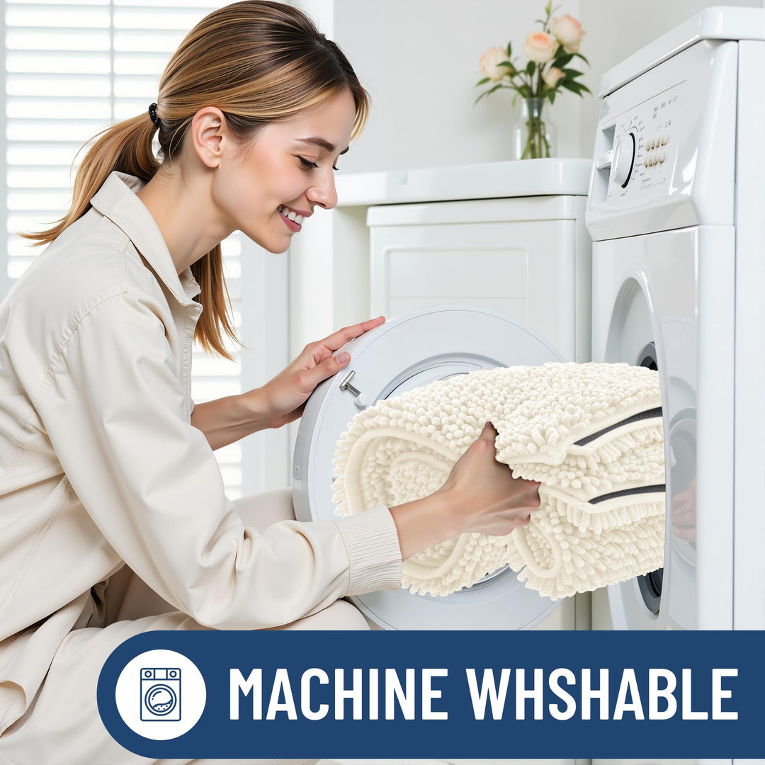 Woman loading a rolled ivory Smiry chenille bath mat into a front-loading washing machine