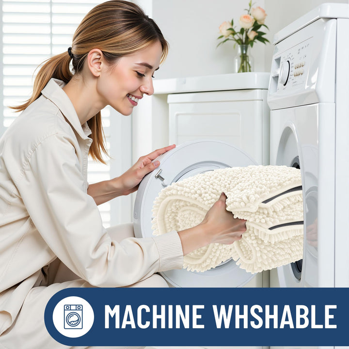 Woman loading a rolled ivory Smiry chenille bath mat into a front-loading washing machine