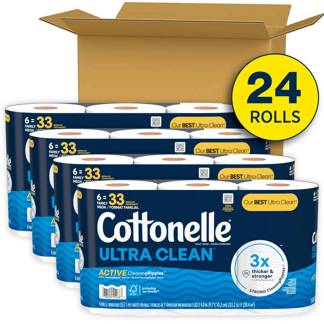 Cottonelle Ultra Clean Toilet Paper with Active CleaningRipples Texture, Strong Bath Tissue, 24 Family Mega Rolls (24 Family Mega Rolls = 132 Regular Rolls) (4 Packs of 6), 353 Sheets per Roll