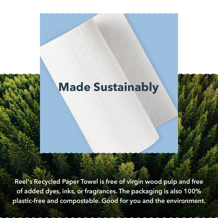 Reel Premium Recycled Paper Towels- 12 Rolls, 2-Ply Made From Tree-Free, 100% Recycled Paper - Eco-Friendly, Hypoallergenic and Zero Plastic Packaging